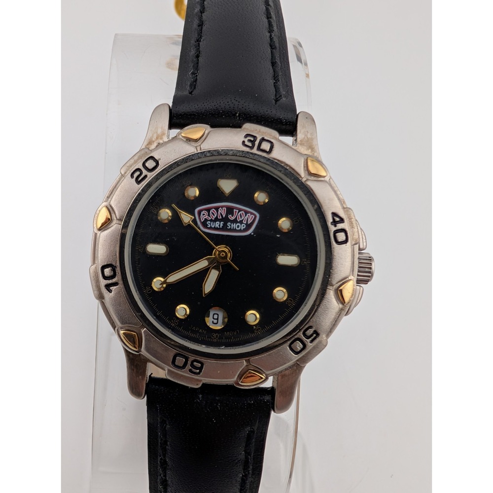 Ron Jon Surf Shop Women 29mm Silver‎ Case Black Leather Band- New Battery